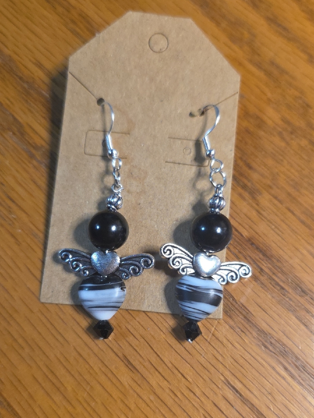 Silver-Tone Black & White Heart Angel Drop Earrings